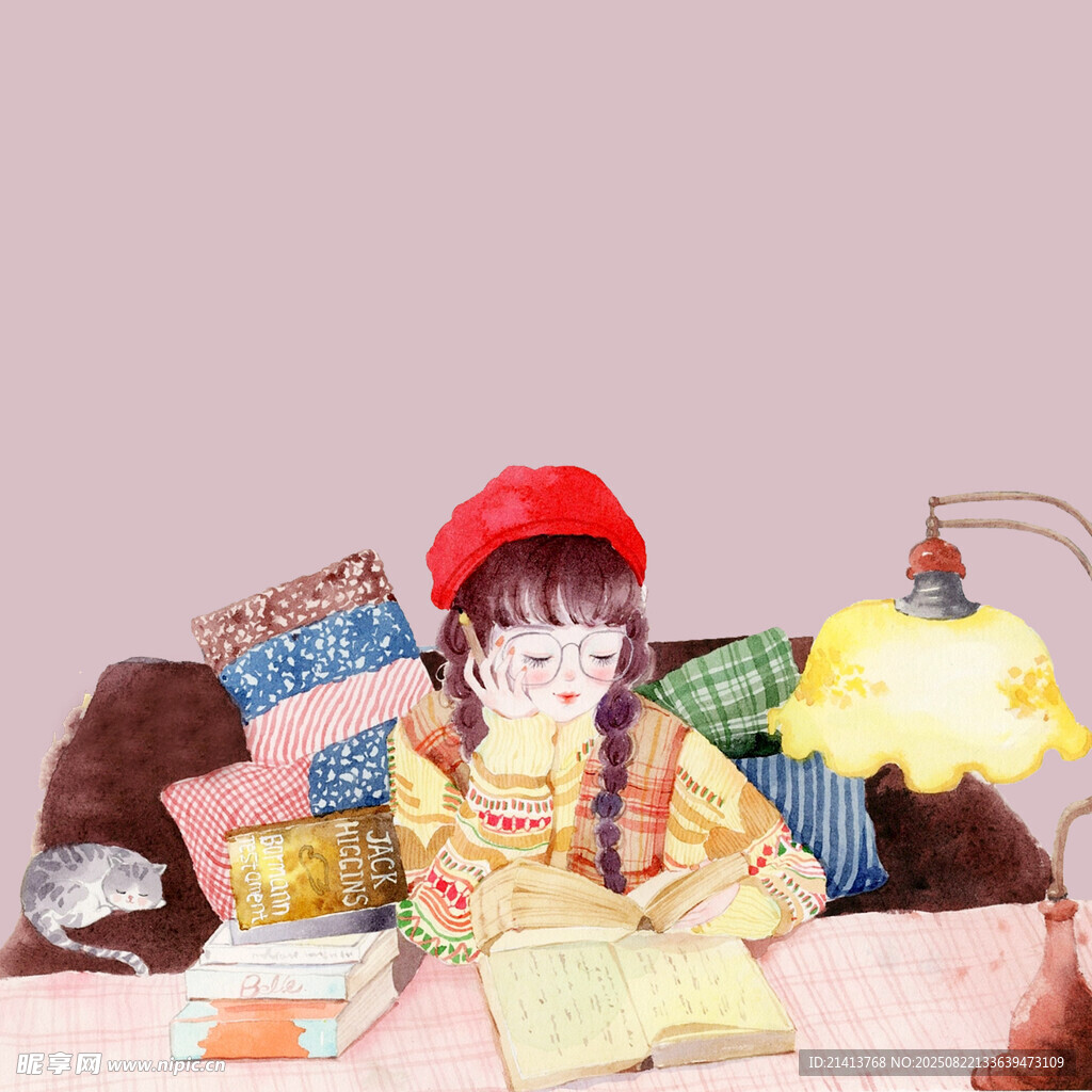 女孩惬意地窝在沙发看书