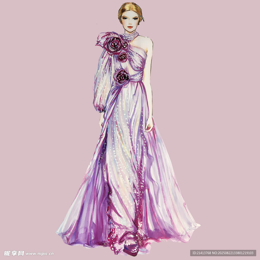 优雅紫色长裙女性手绘插画