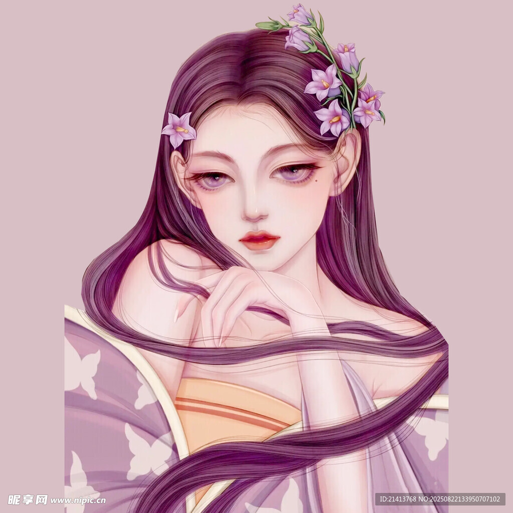 古风紫衣花饰长发美少女