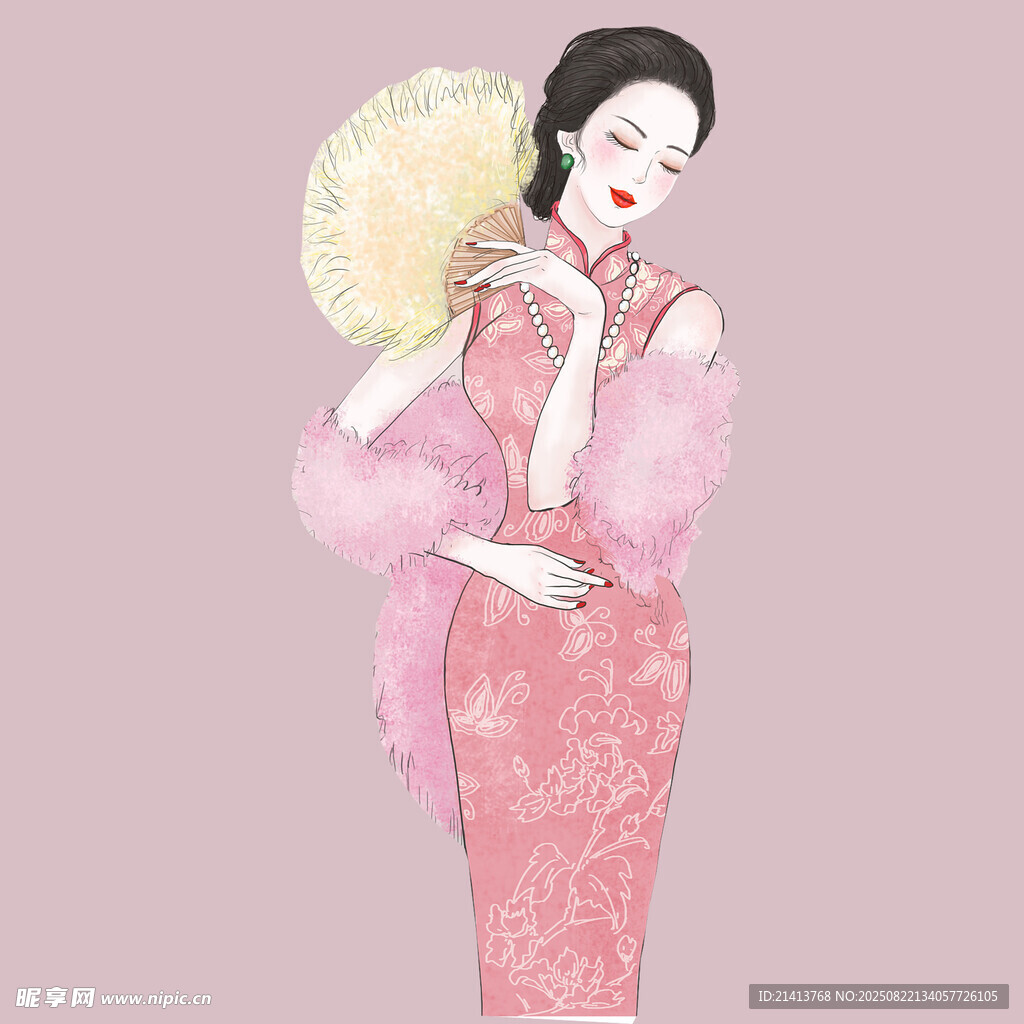古典旗袍女子持扇优雅图