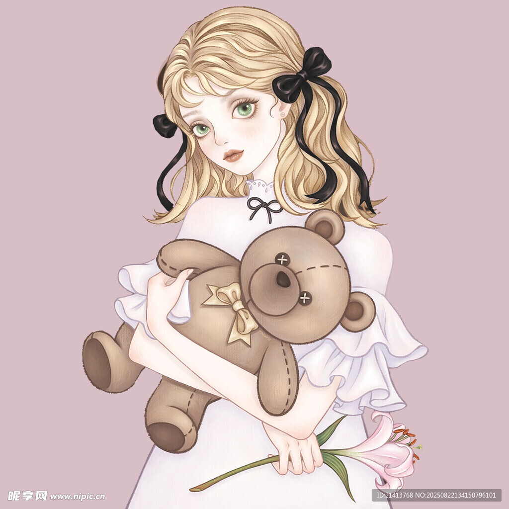 金发少女抱熊甜美形象