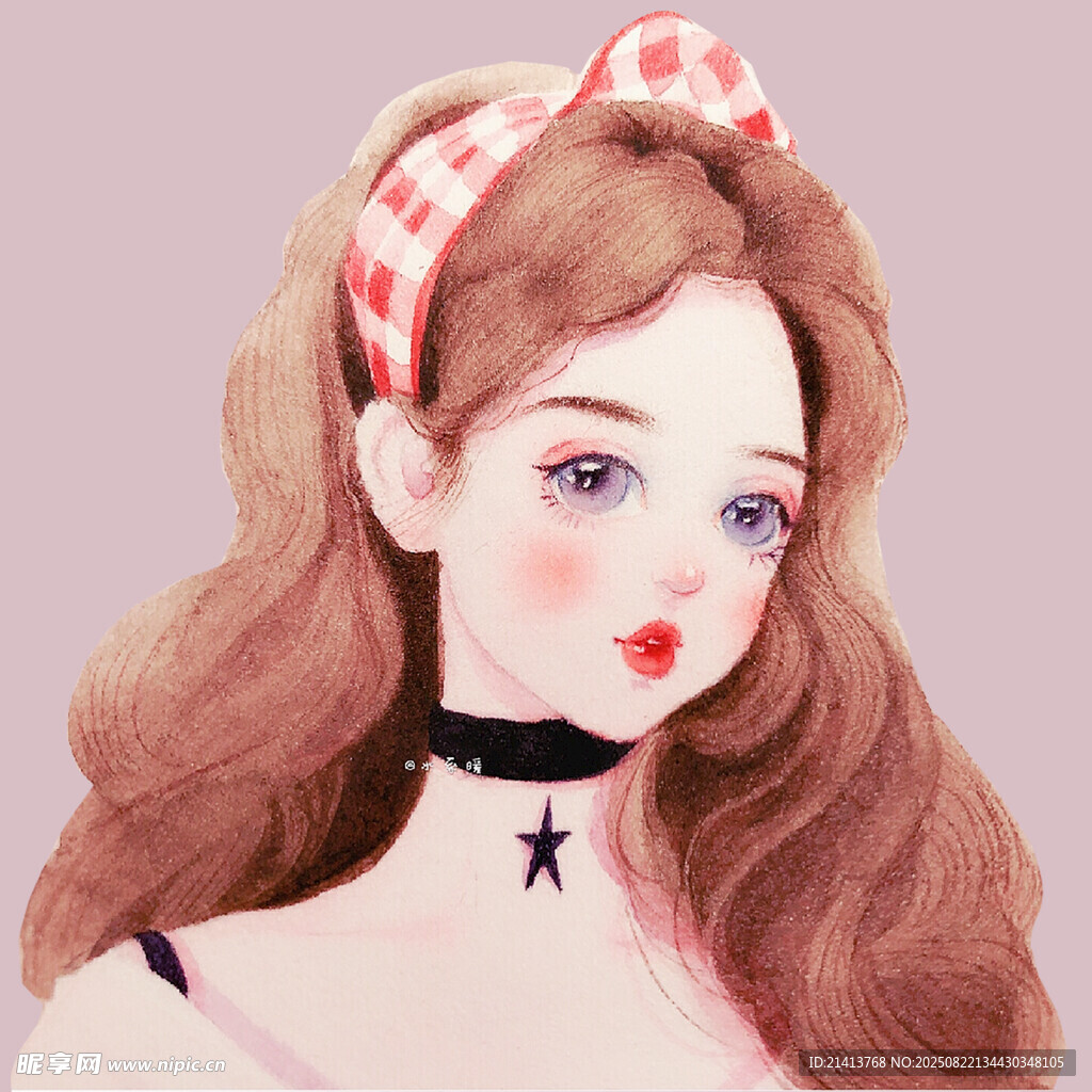 红发波点发箍少女插画