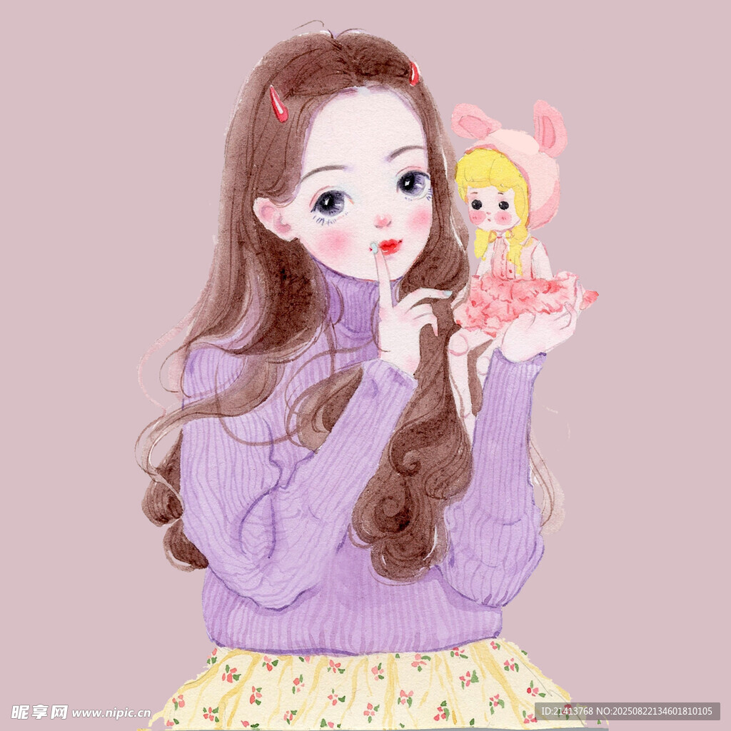 紫衣女孩手持可爱玩偶