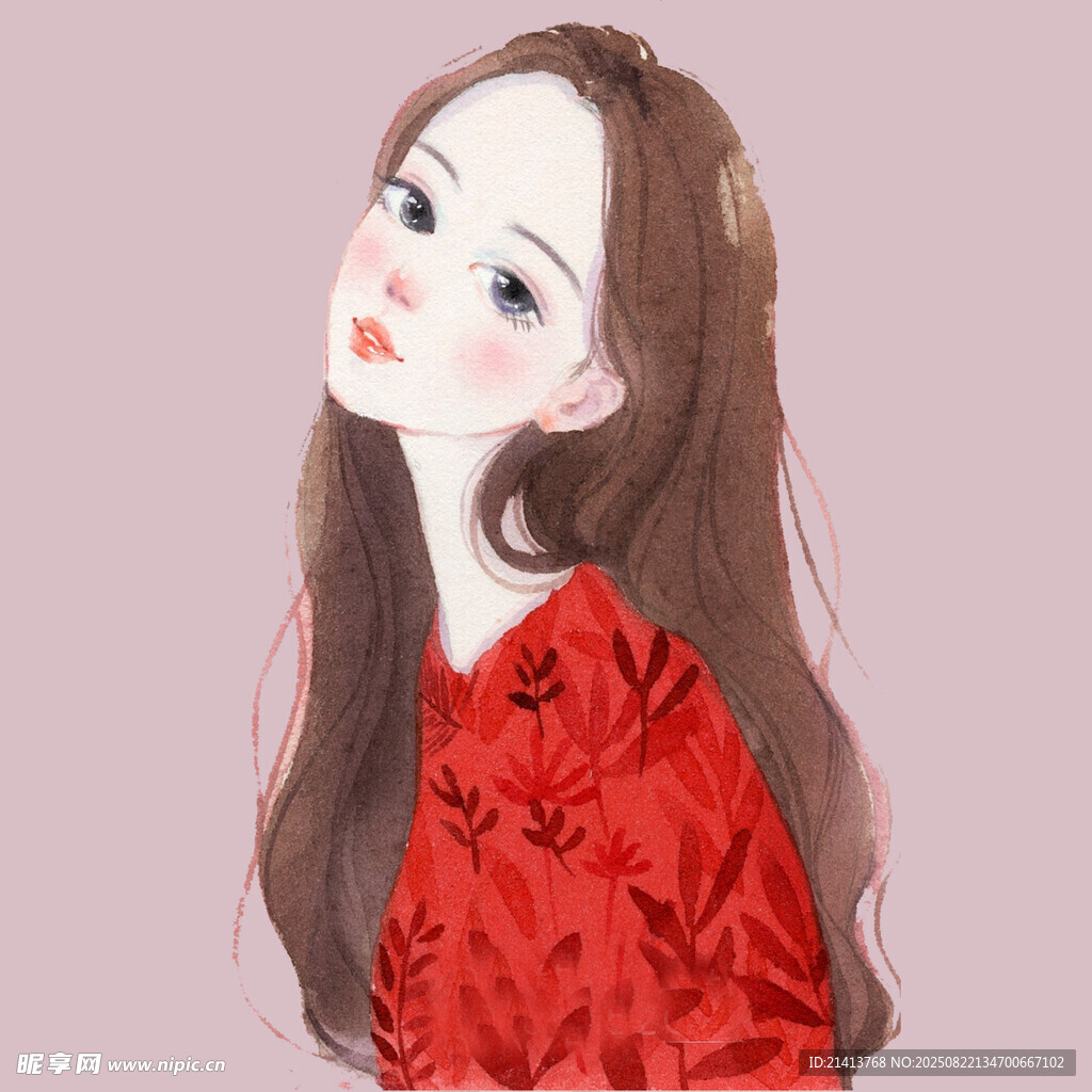 红衣长发女孩的优雅侧影