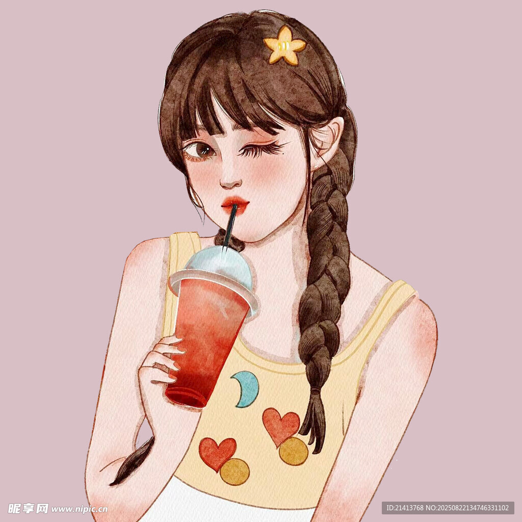 喝饮料的甜美扎辫女孩