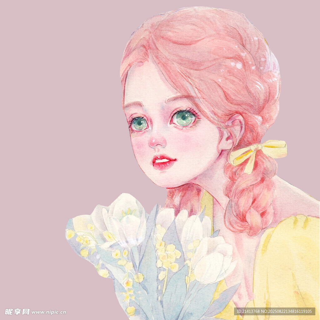 粉发少女手持清新花束