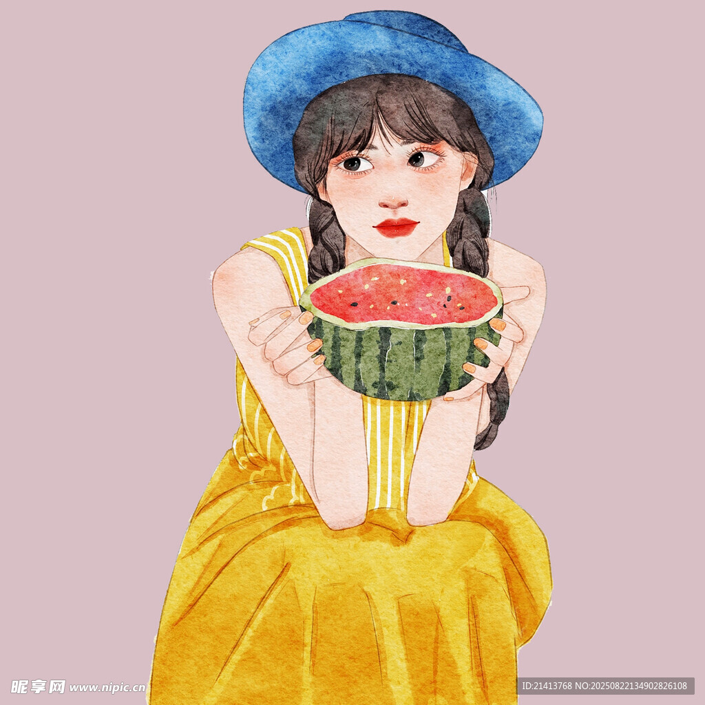 黄裙女孩捧西瓜甜美模样