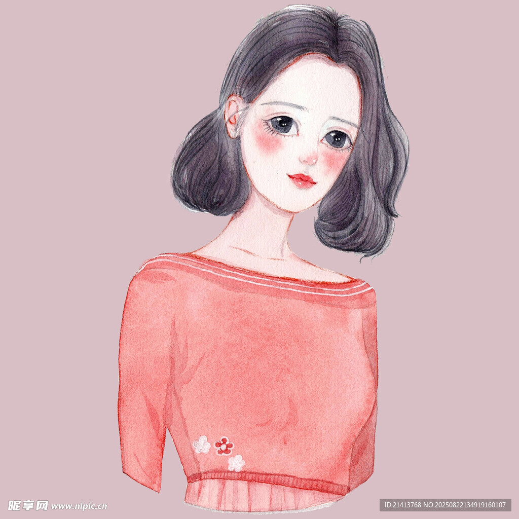粉色上衣短发女孩插画