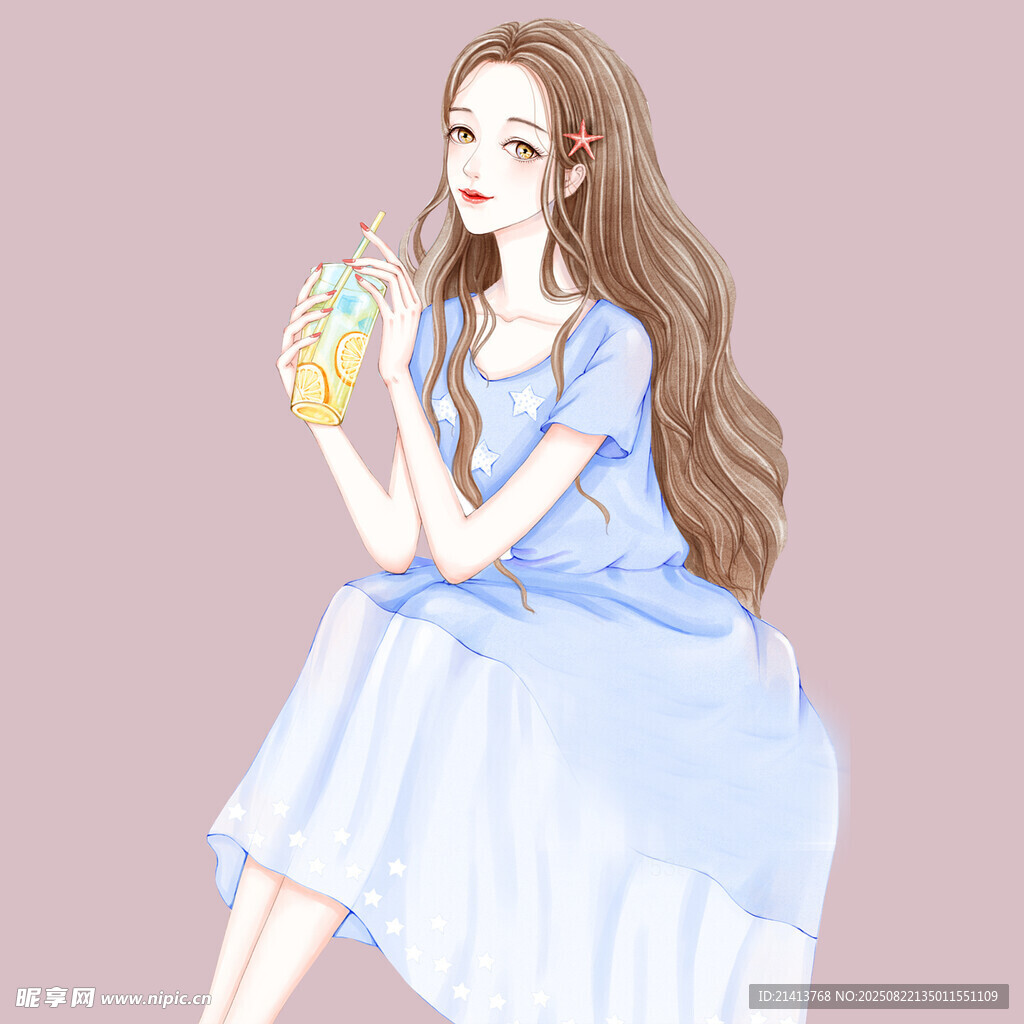 穿蓝裙手持冰淇淋的女孩