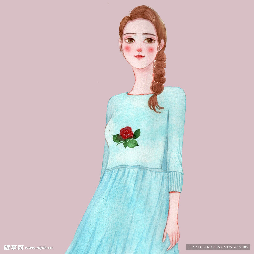 穿蓝裙的编发女孩
