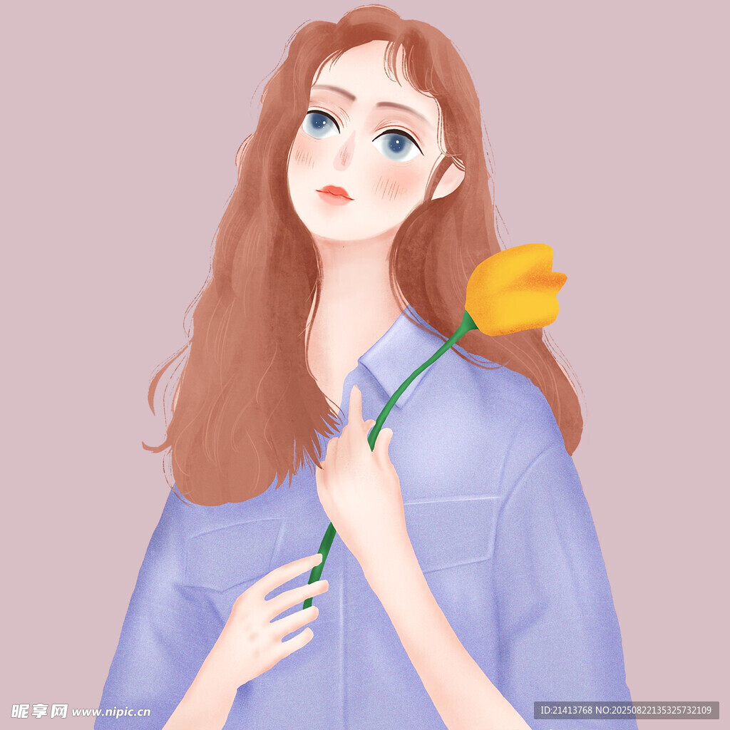 手持黄花的温柔长发女子