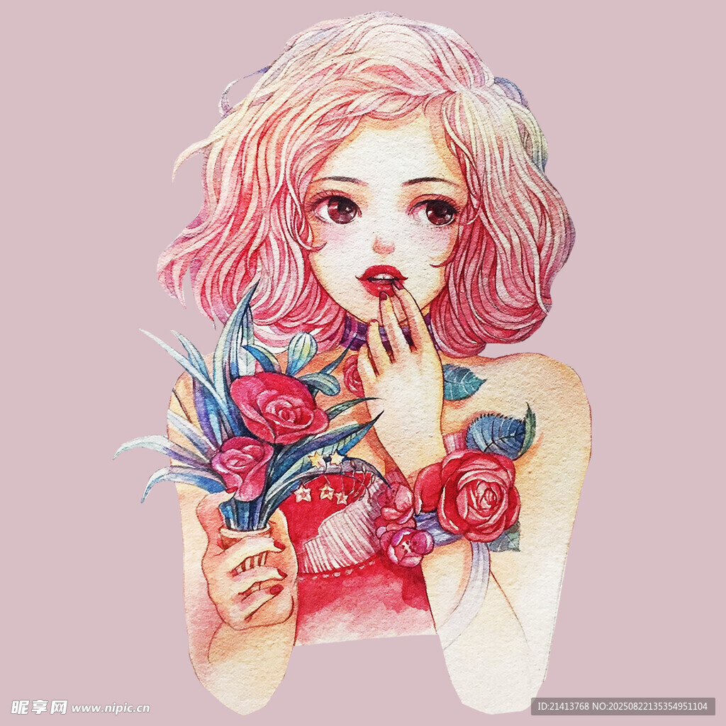 粉色卷发少女手持花饰