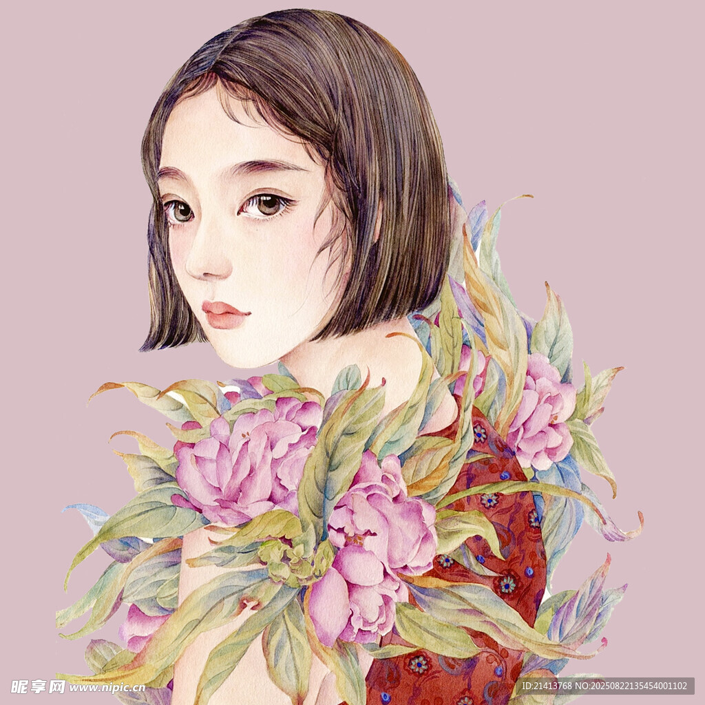 手持繁花的短发女子