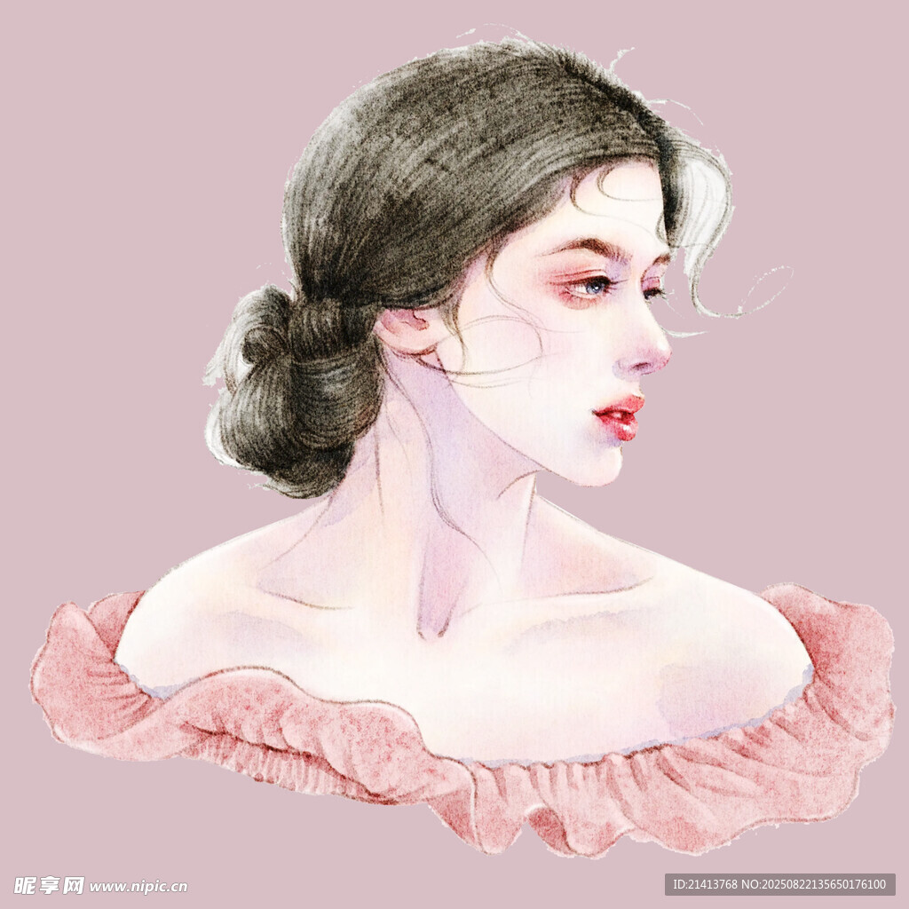 复古风盘发女子粉色衣领