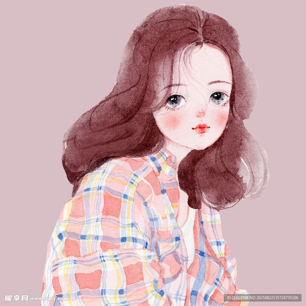 红发格子衣少女插画