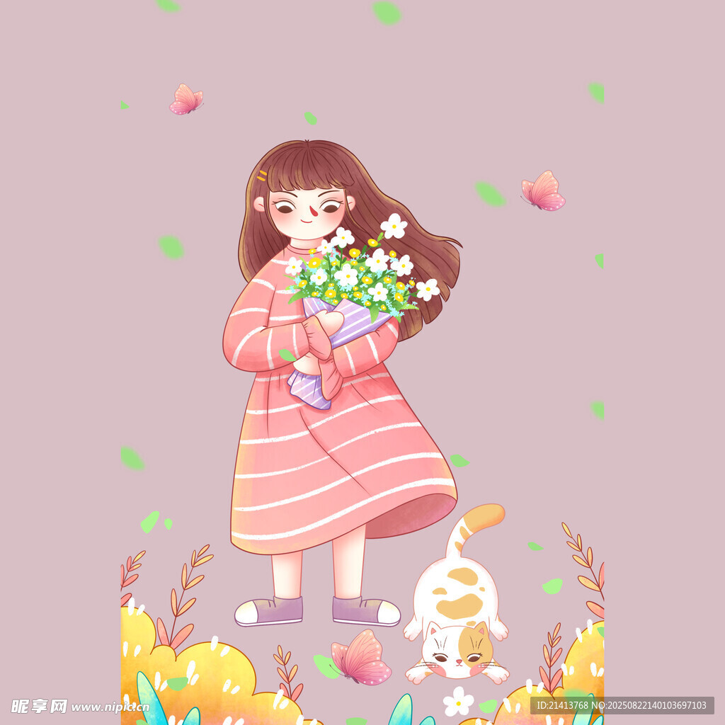 手持花束的可爱女孩