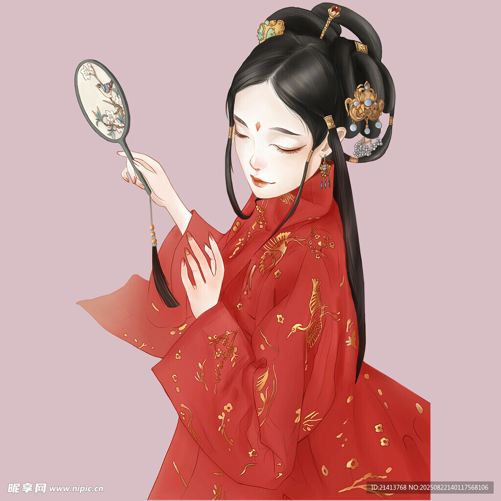 红衣古装女子持镜赏容