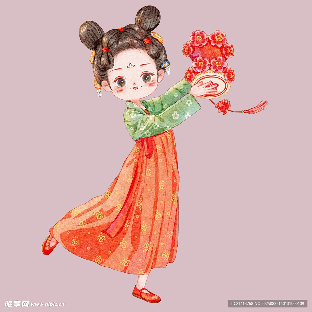 古风少女手持喜庆红灯笼