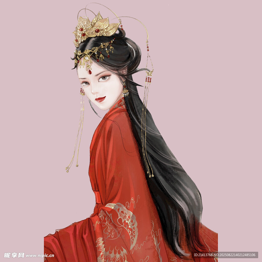 红衣古风女子 头戴华丽头饰