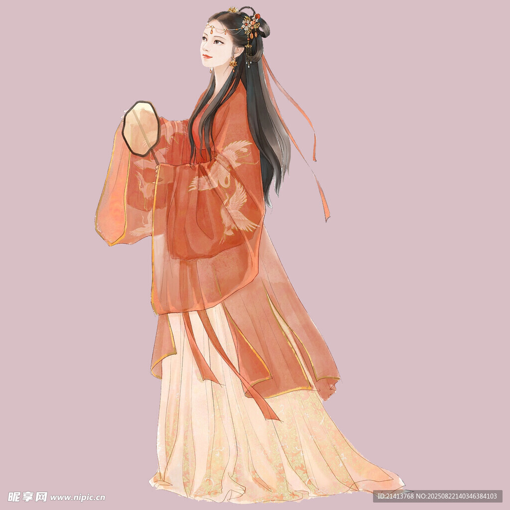 古风红衣持扇女子