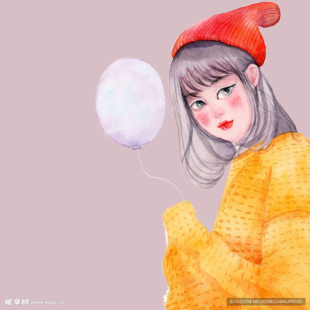 戴红帽持气球的温柔女孩