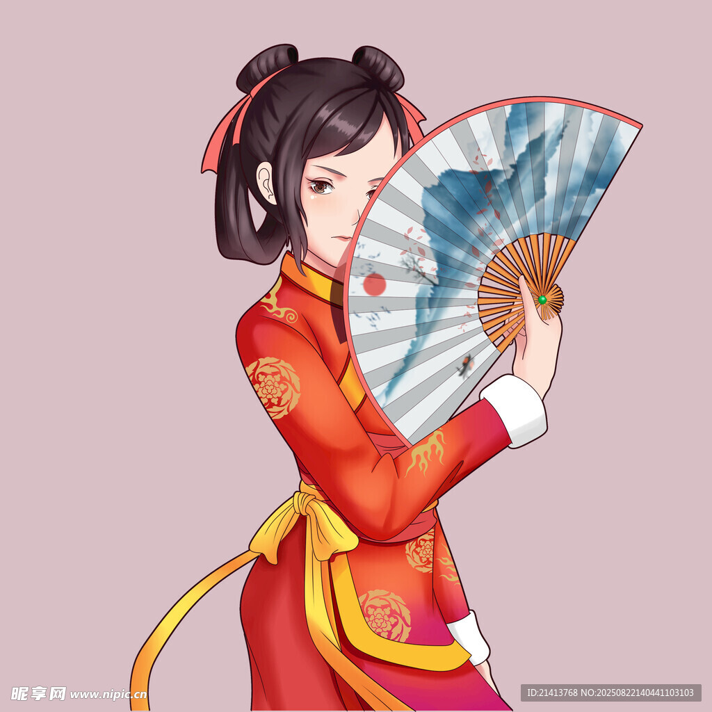 古风旗袍少女持扇而立