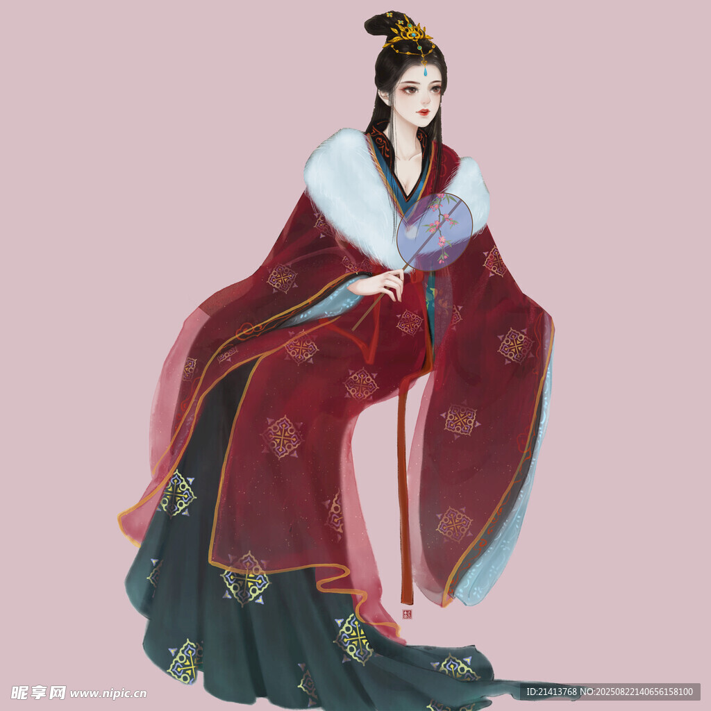 古风红衣女子优雅持扇