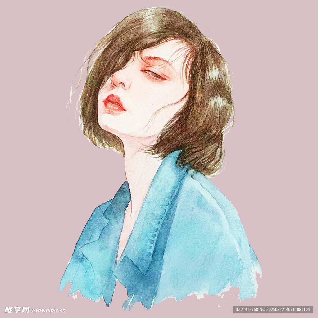 闭眼的短发蓝衣女性