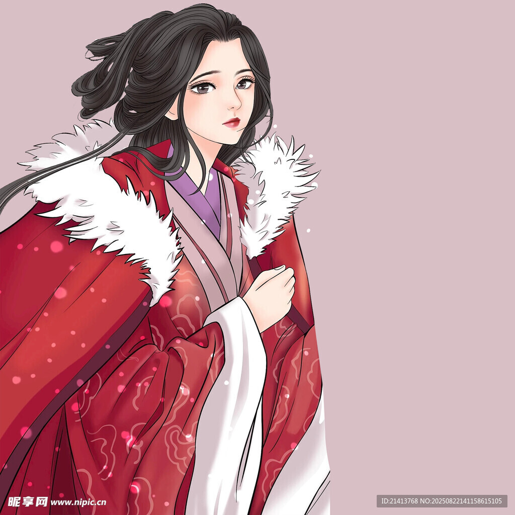 红衣古装女子雪中伫立
