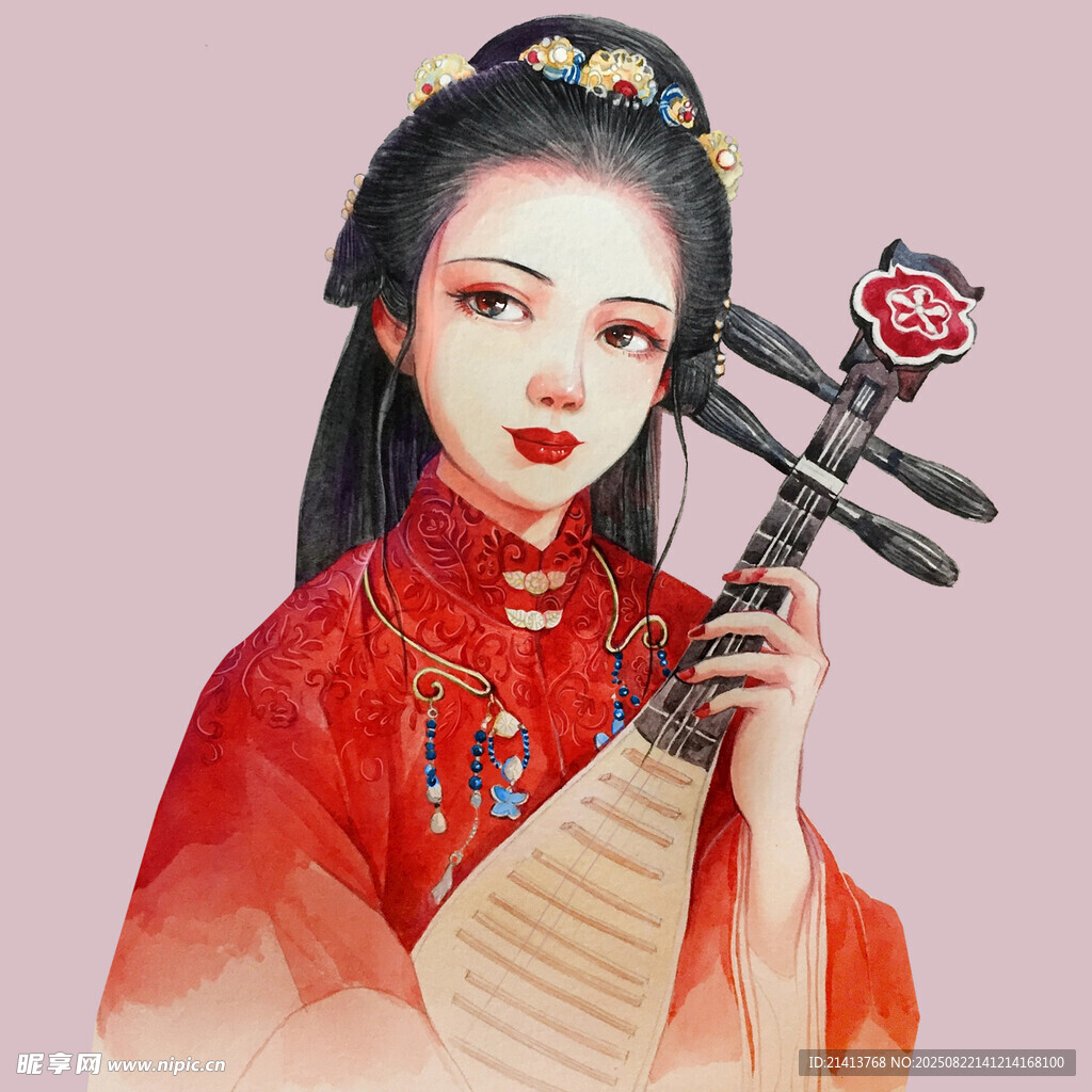 红衣古装女子持琵琶