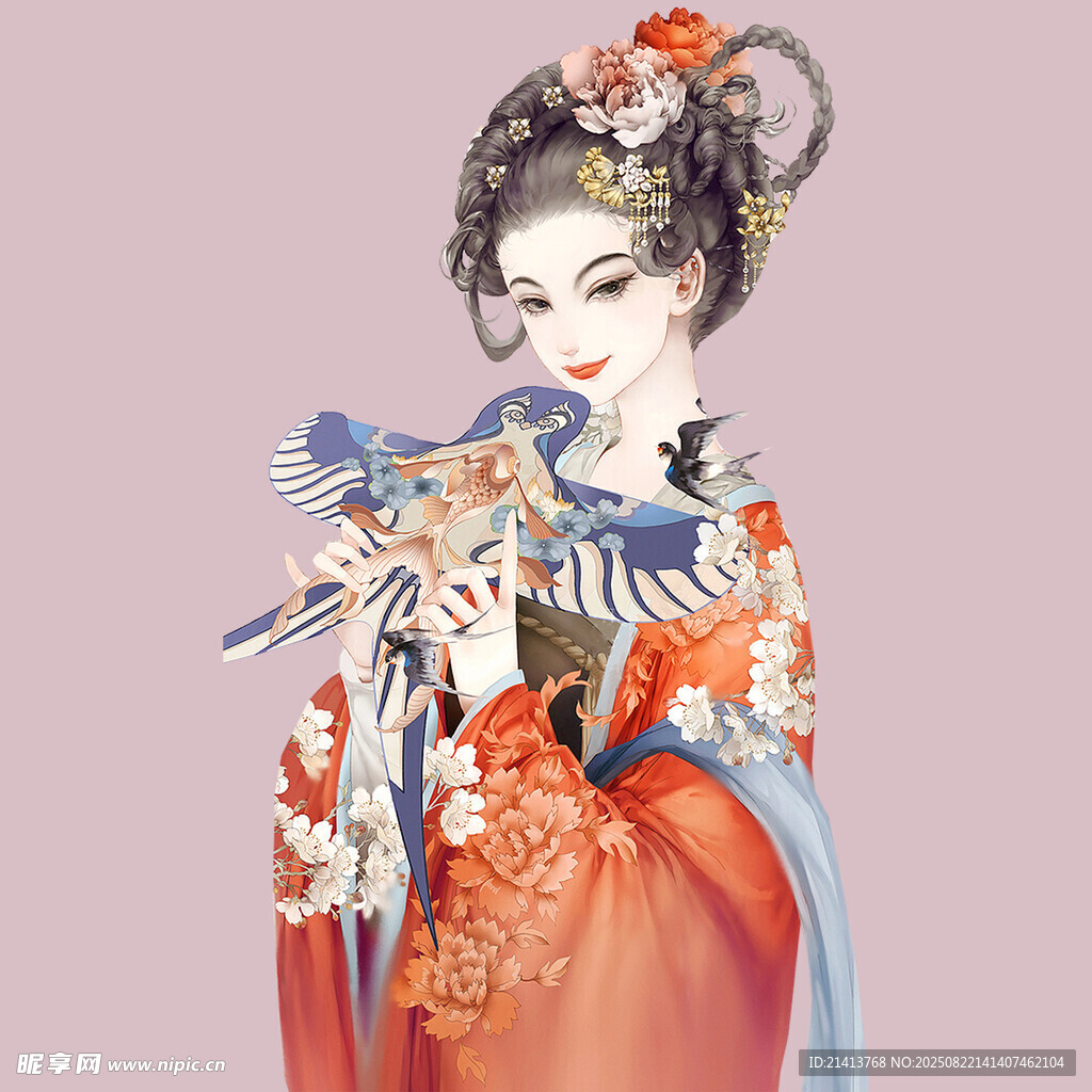 古风佳人持鸟图