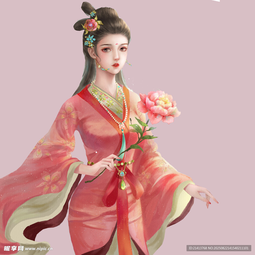 古风红衣持花古典美人