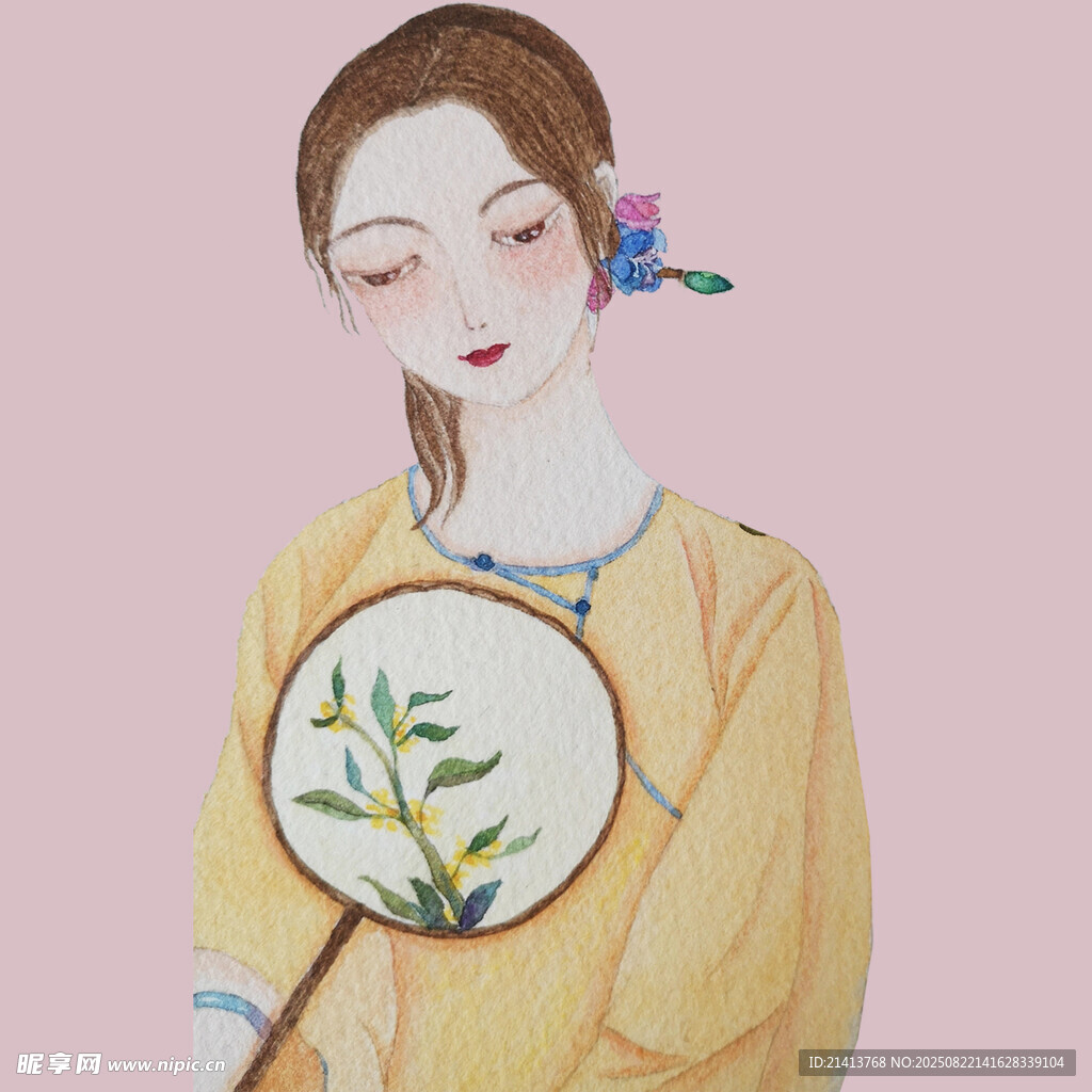 古典女子持扇优雅图