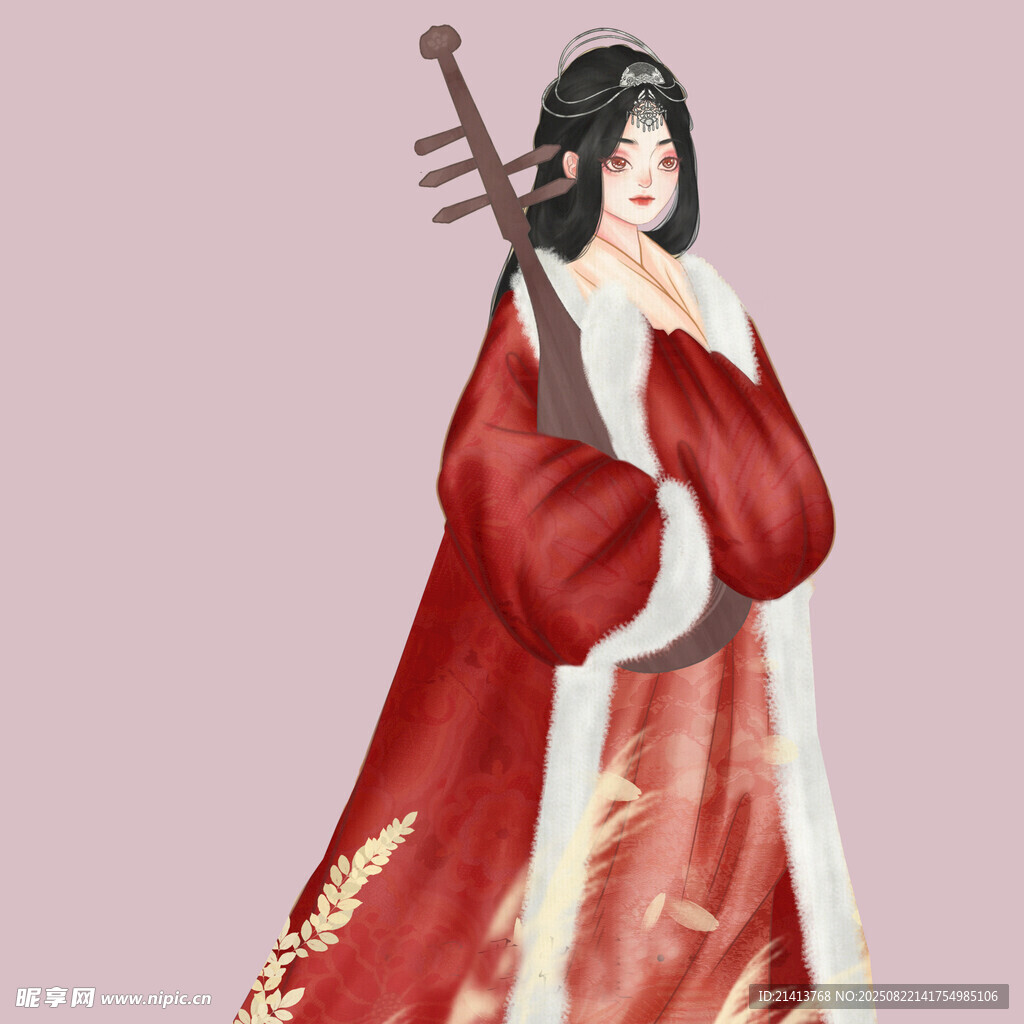 红衣古装女子持琴而立