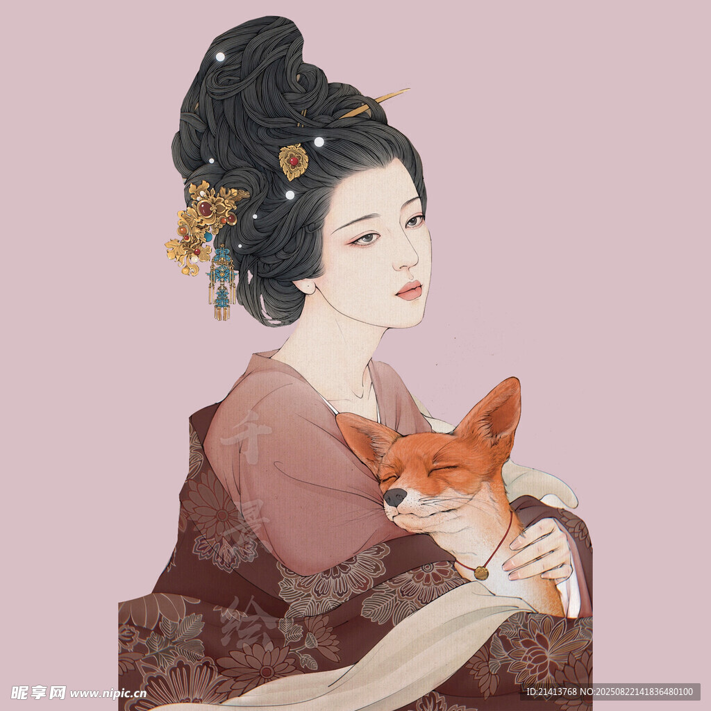 古风女子与狐的温馨画面