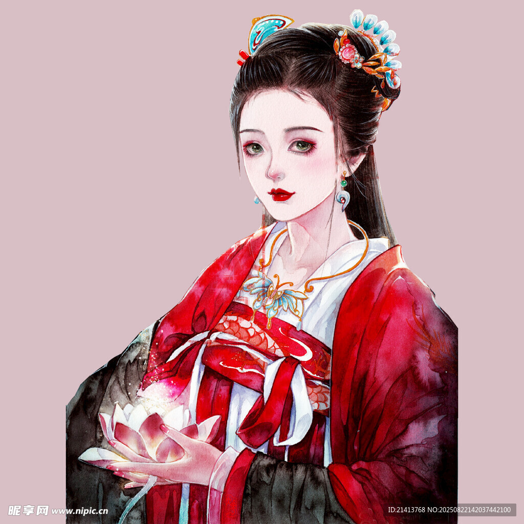 古风红衣女子手持莲花