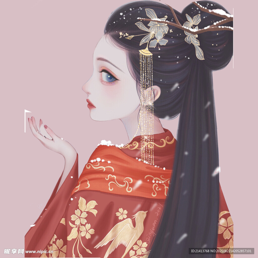 古风红衣女子优雅侧颜