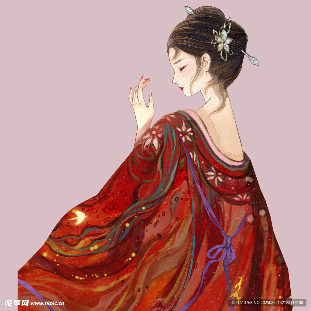 红衣古风女子优雅身姿