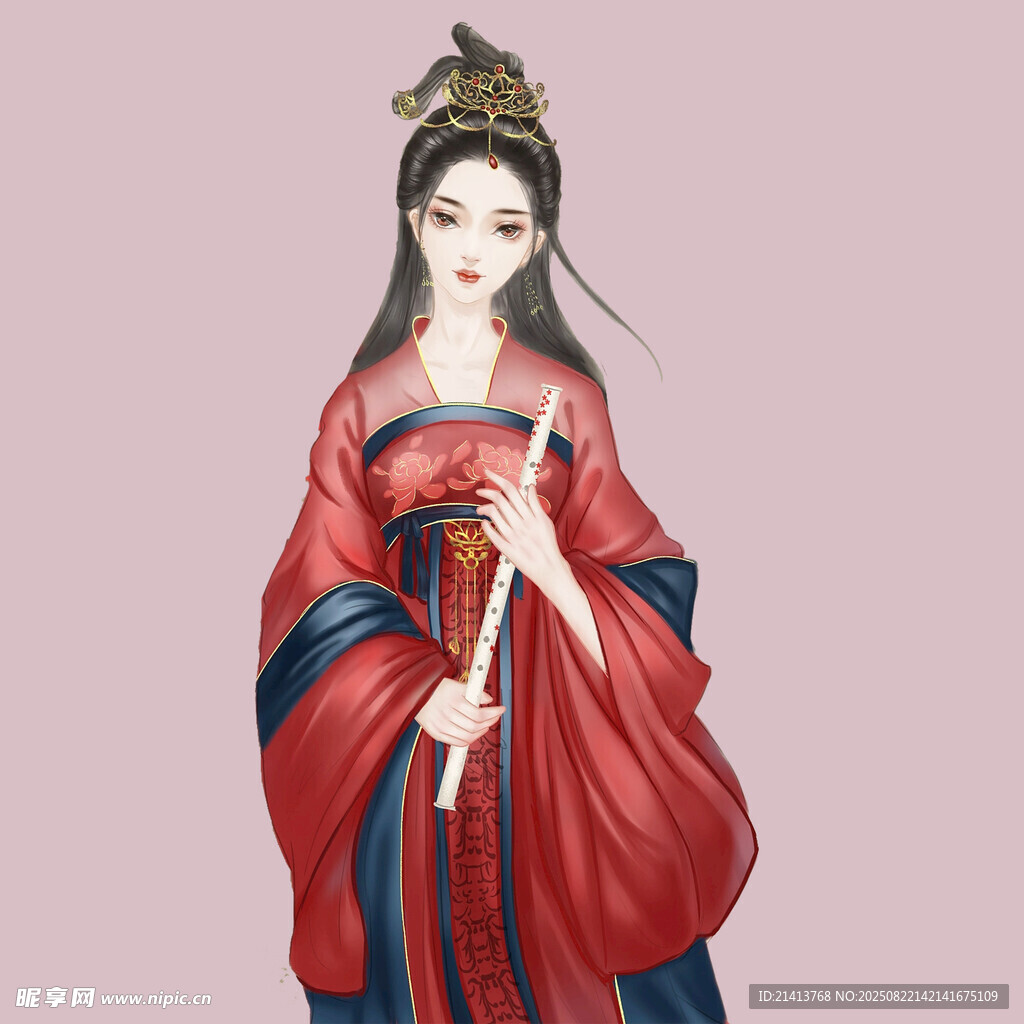古风红衣持笛女子