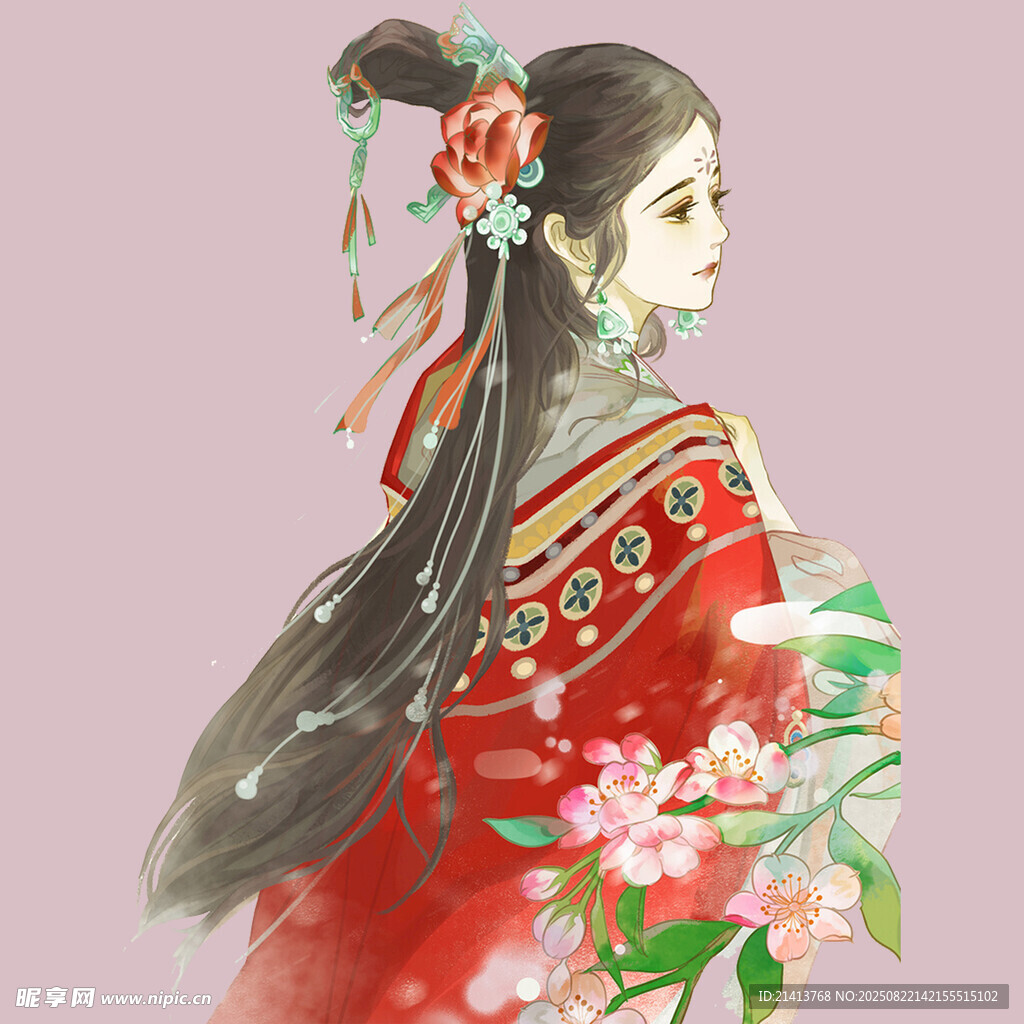 古风红衣女子侧颜赏景