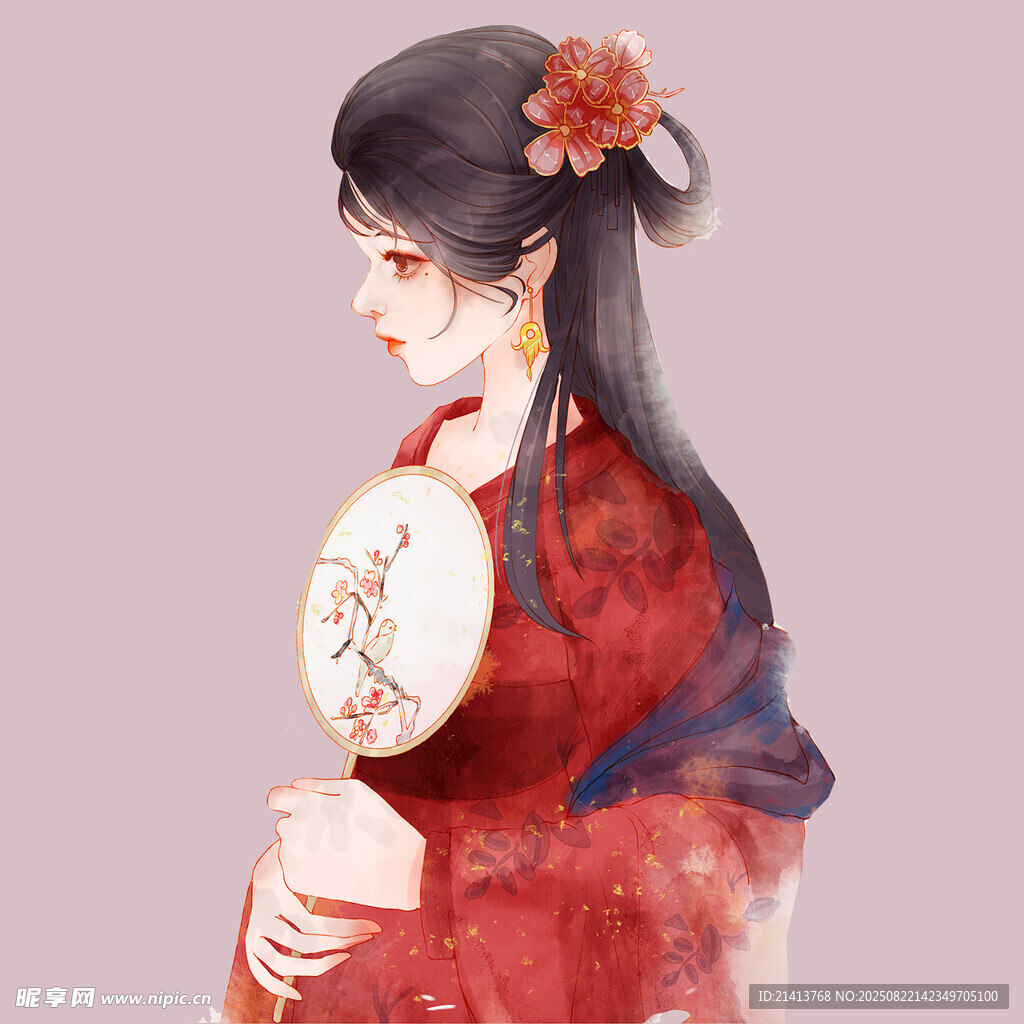 古风红衣持扇女子