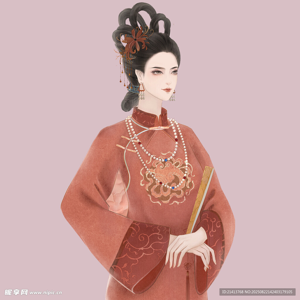 古风红衣女子持扇造型