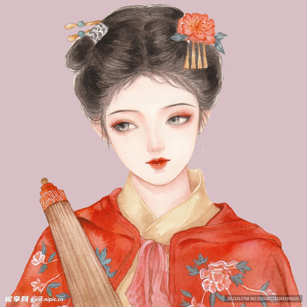 古风红衣持扇佳人