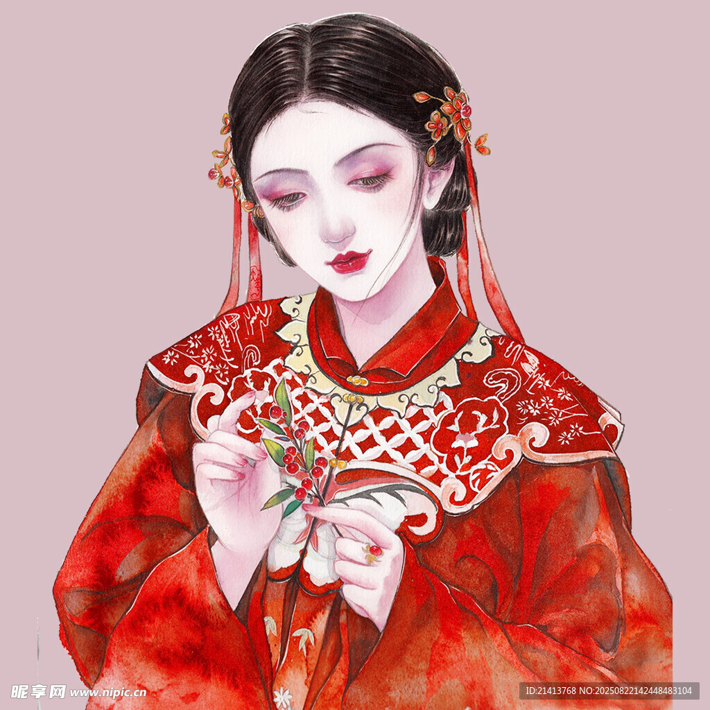 古风红衣女子手持饰品