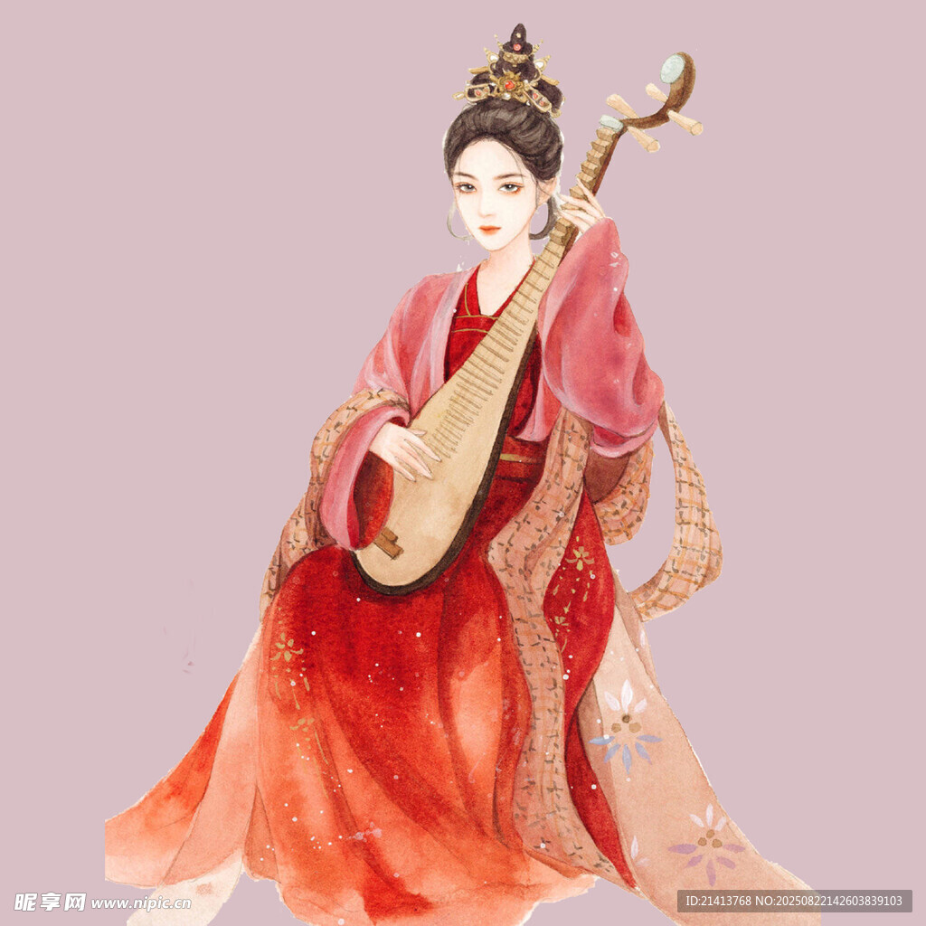 红衣女子优雅弹奏琵琶