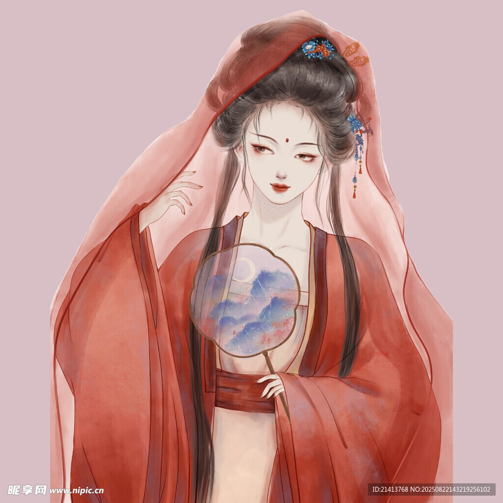 红衣古风女子持扇图