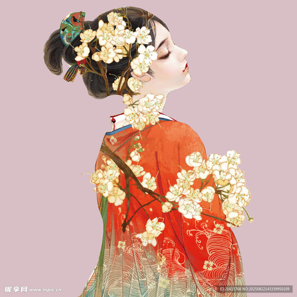 古风女子持花枝侧颜图