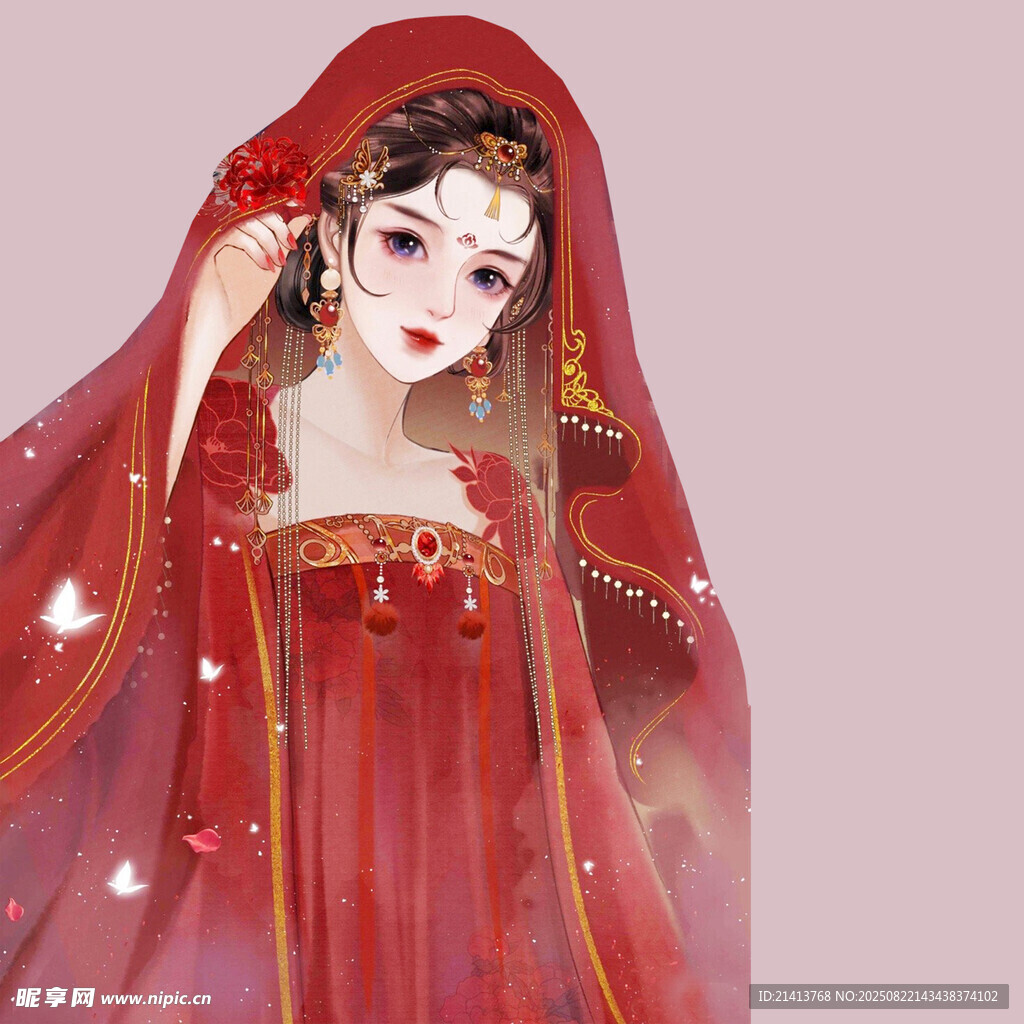 红衣古装女子优雅掀盖头