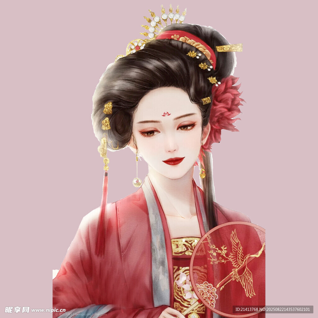 古风红衣持扇古典美人