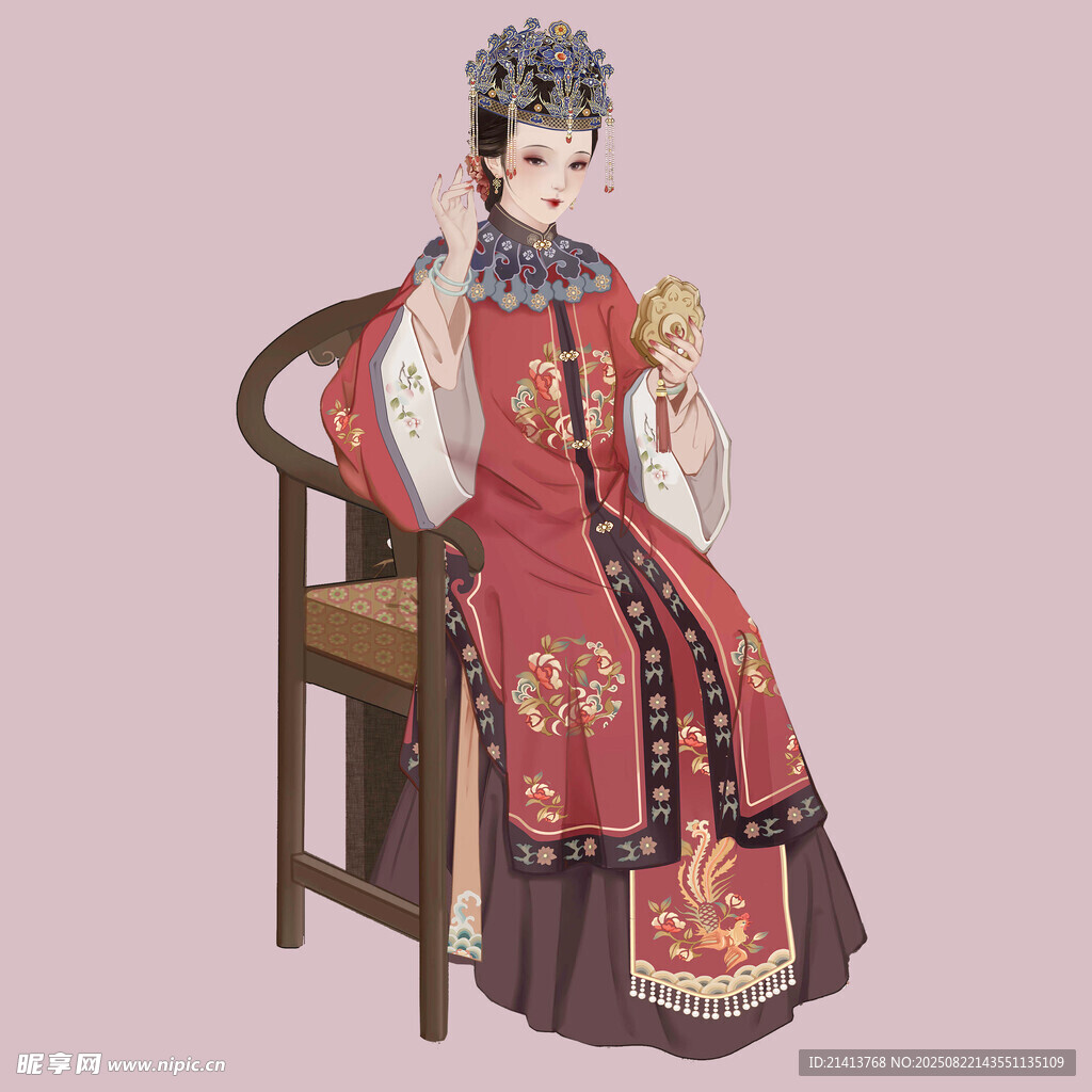 清代古装女子持扇坐像